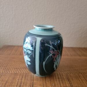 Vintage Hand Painted Ceramic Vase with Floral Motif and Glossy Glaze 6.75 Inch